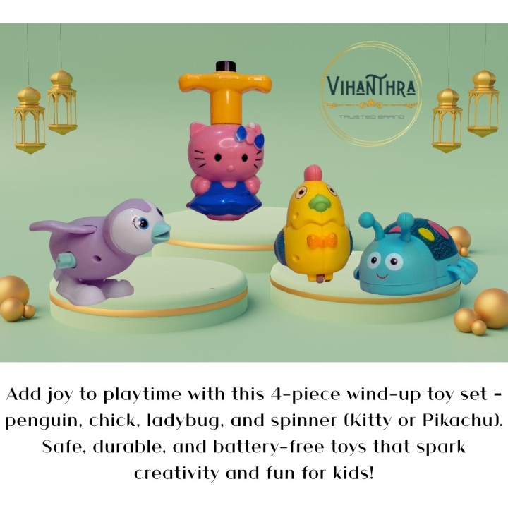 Cartoon Animal Toys for Kids Set of 4 Wind-Up – Penguin, Chick, Ladybug & Cartoon Spinner