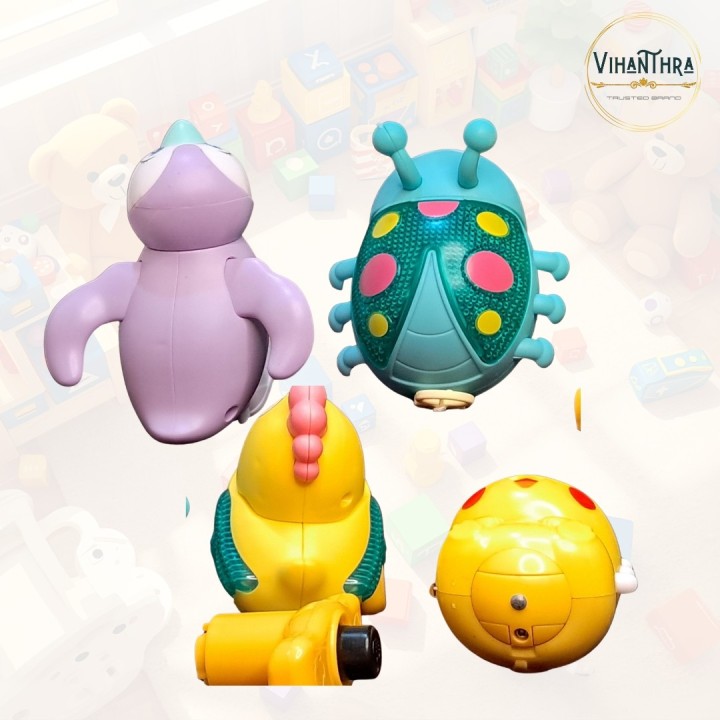 Cartoon Animal Toys for Kids(Pack of 4) – Penguin, Chick, Ladybug & Cartoon Spinner (Kitty / Pikachu Variant)