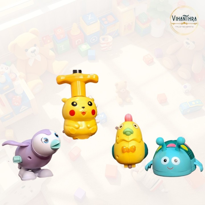 Cartoon Animal Toys for Kids(Pack of 4) – Penguin, Chick, Ladybug & Cartoon Spinner (Kitty / Pikachu Variant)