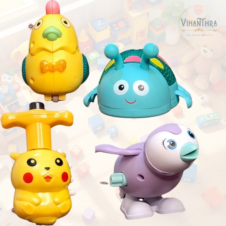 Cartoon Wind-Up & Push Toy Combo (Pack of 6) – Penguin, Chick, Ladybug, Kitty/Pikachu Spinner, Train & Boat