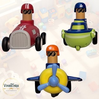 Cartoon Toys Pack of 3 – Race Car, Boat & Airplane with Funny Drivers | Push & Play Non-Battery Toys