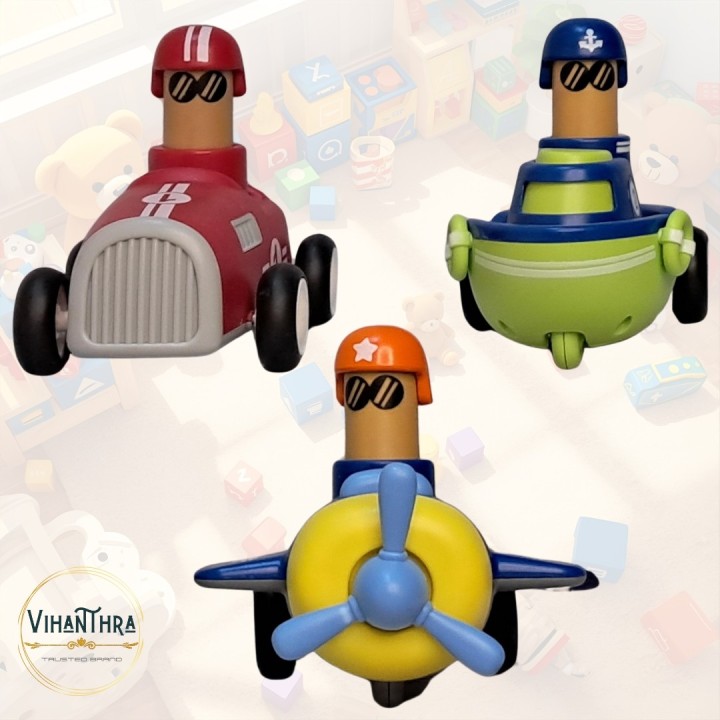 Cartoon Toys Pack of 3 – Race Car, Boat & Airplane with Funny Drivers | Push & Play Non-Battery Toys