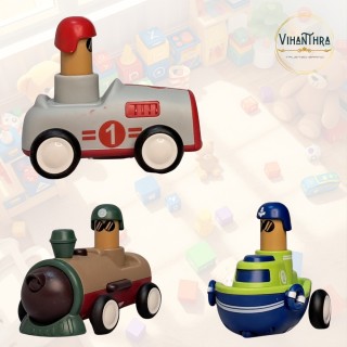 Cartoon Vehicle Mega Pack of 4 - Push & Play Toys | Race Car, Train, Boat & Airplane with Funny Drivers