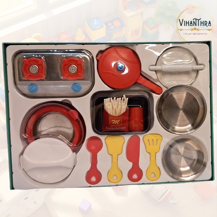 Little Chef's Open House Kitchen Playset | 14-Piece Mini Cookware Set with Stainless Steel
