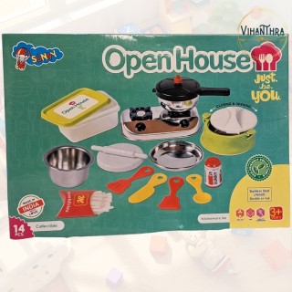 Little Chef's Open House Kitchen Playset | 14-Piece Mini Cookware Set with Stainless Steel