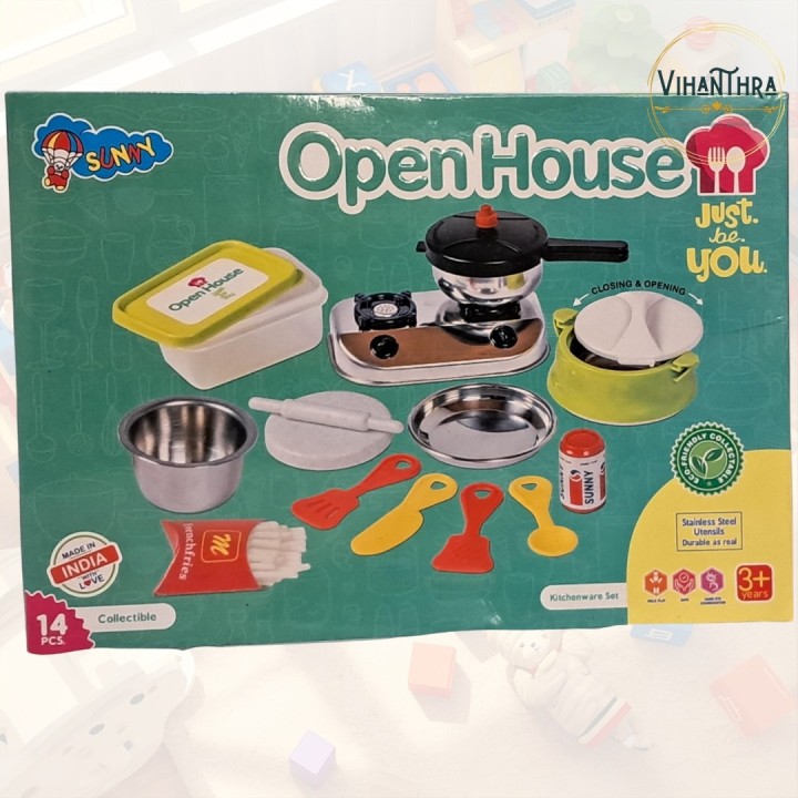 Little Chef's Open House Kitchen Playset | 14-Piece Mini Cookware Set with Stainless Steel
